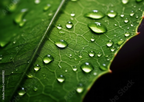 Close up of Fresh Green Leaf with Dew Water Drops After Rain. Generative AI.