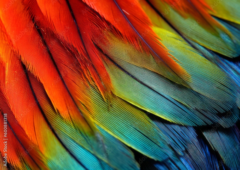Obraz premium Close up of a Colorful Parrot Feather. Generative AI.