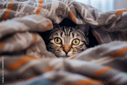 Group portrait photography of a curious american shorthair cat pouncing against a cozy blanket. With generative AI technology