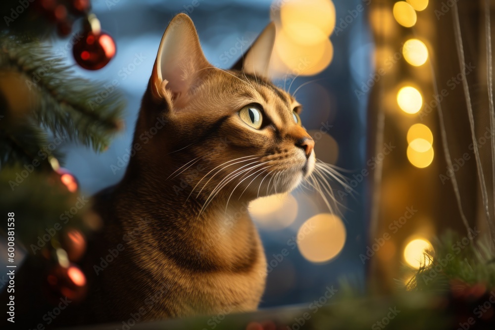 Medium shot portrait photography of a curious abyssinian cat eating against a festive holiday scene. With generative AI technology