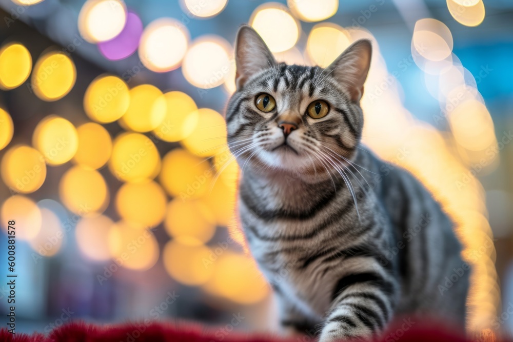 Environmental portrait photography of a happy american shorthair cat exploring against a festive holiday scene. With generative AI technology