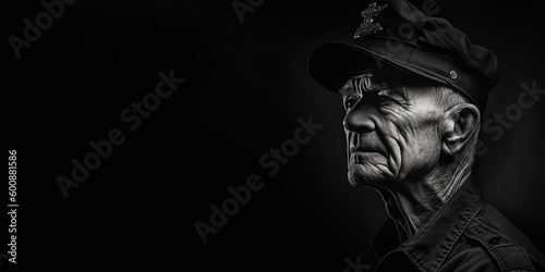 Black and white photorealistic studio portrait of a military veteran on black background. Generative AI illustration