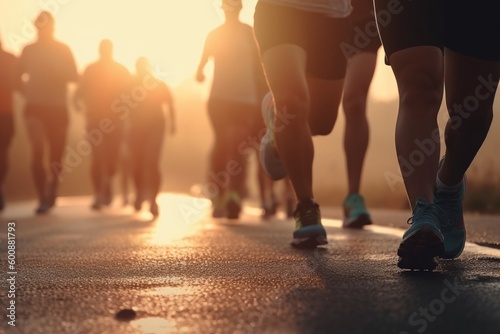 Legs runner group running on sunset seaside trail, Generative AI