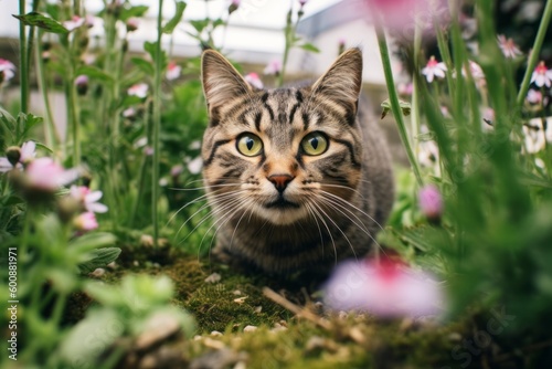 Medium shot portrait photography of a scared tabby cat scratching against a lush flowerbed. With generative AI technology