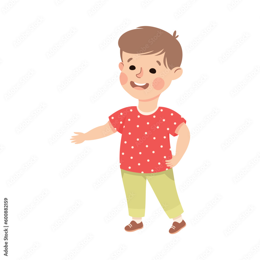 Cheerful preschool boy pointing with his hand or doing welcoming gesture vector illustration