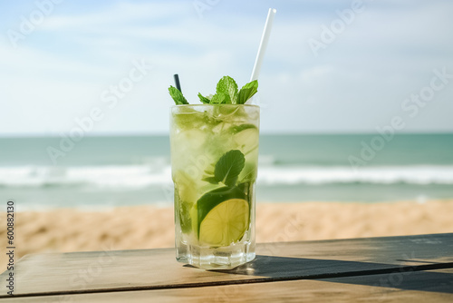 Refreshing Mojito Cocktail with rum and lime, cold drink or beverage with ice on wood table in front of blue sky on summer sea. 