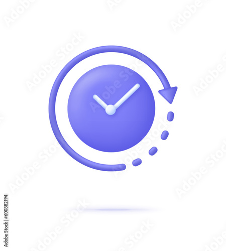 3D Clock icon. 24 hours. Passage of time. Time-keeping and measurement of time.
