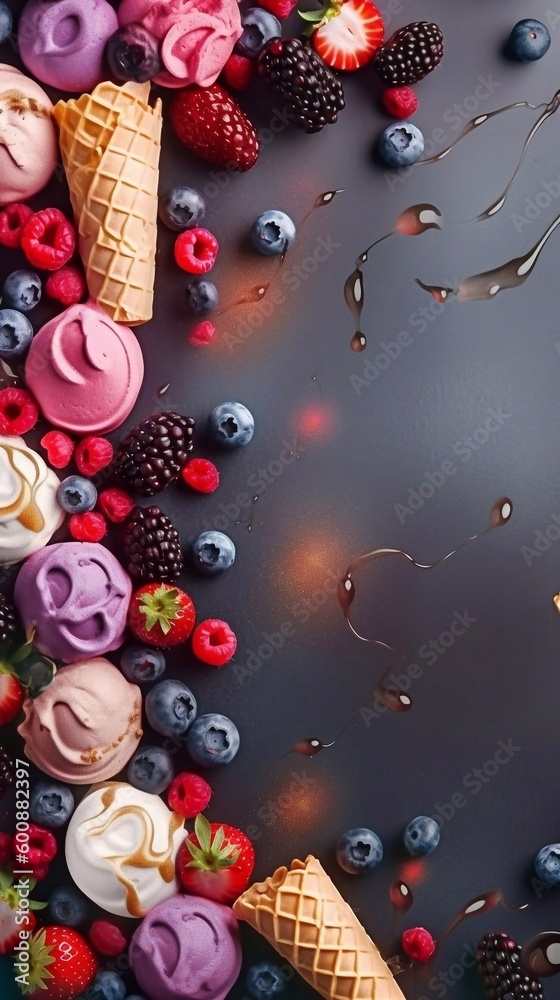 Banner background with ice creams cone, balls and berries. Copy cpace, top view. AI generated
