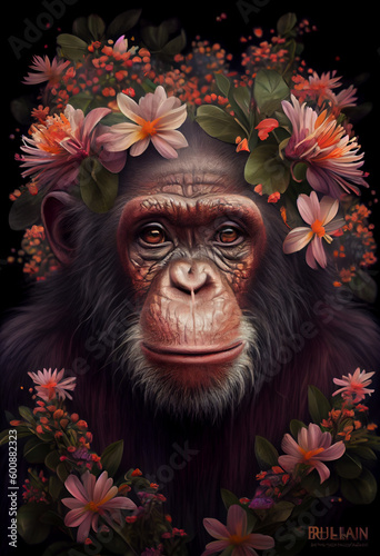 Chimpanzee or Chimp portrait with colorful flowers and leaves. Monkey creative animal portrait. Generative Ai