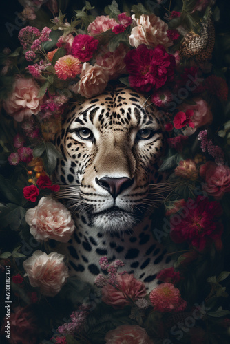 Tiger portrait with colorful flowers and leaves.  Big cat creative animal portrait. Generative Ai