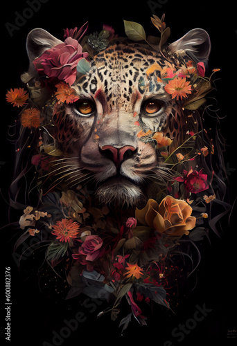 Tiger portrait with colorful flowers and leaves. creative animal portrait. Generative Ai