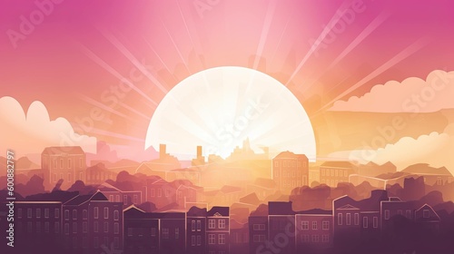 A cartoon illustration of a sun rising of a city - AI Generated