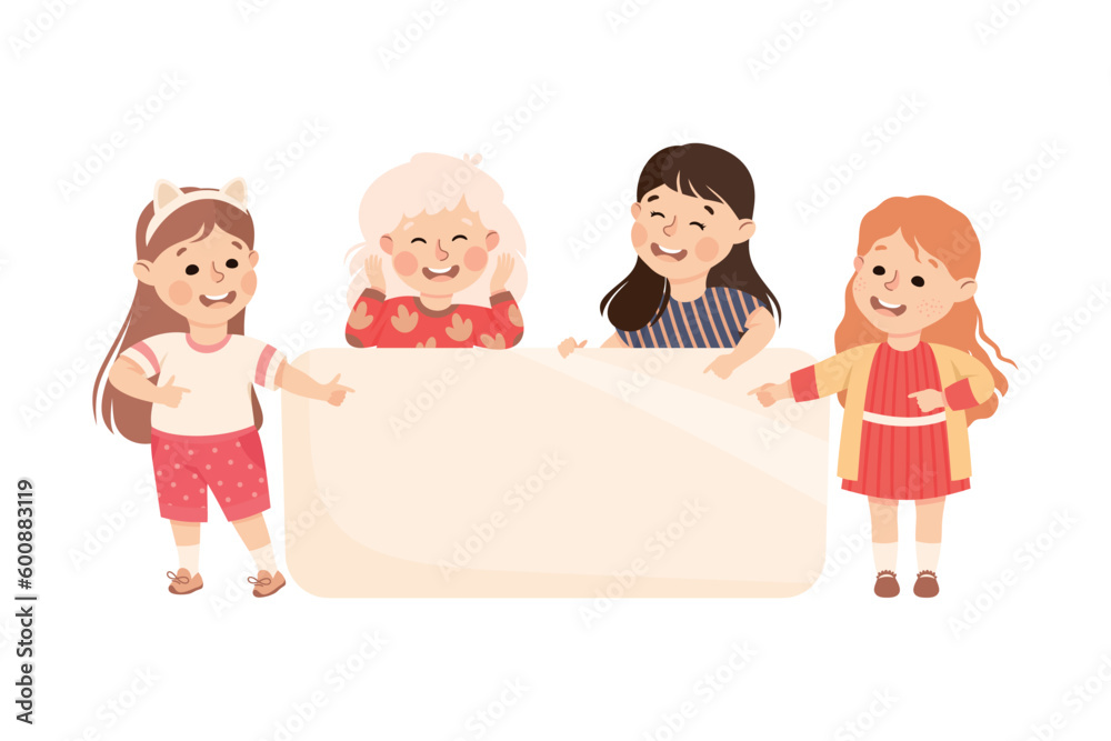 Group of happy kids holding blank banner together. Happy little girls standing with empty white board or placard vector illustration Group of happy kids holding blank banner together. Happy little girls standing with empty white board or placard vector illustration