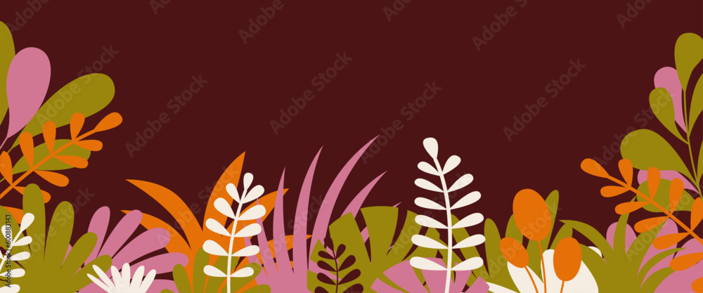 Vector horizontal abstract background with copy space for text, abstract cover header with plants and leaves, bright vibrant banner, poster, graphic design template, hippie and groovy summer poster Vector horizontal abstract background with copy space for text, abstract cover header with plants and leaves, bright vibrant banner, poster, graphic design template, hippie and groovy summer poster