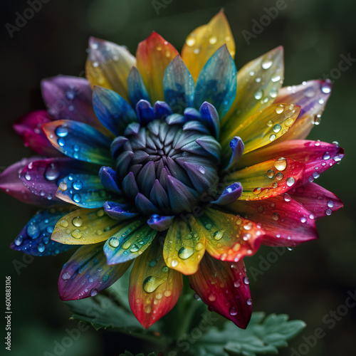 A colorful flower with water droplets on it. Flower with rainbow petals. Rainbow flower bouquet. 3D realistic illustration. Generative AI