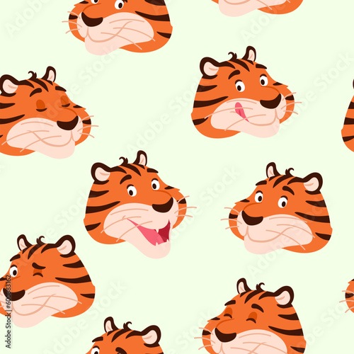 Colorful smiling tiger head seamless pattern. Cute cartoon striped happy animal character for kids decoration design. Wrapping paper textile fabric background repeat tile. Creative vector illustration