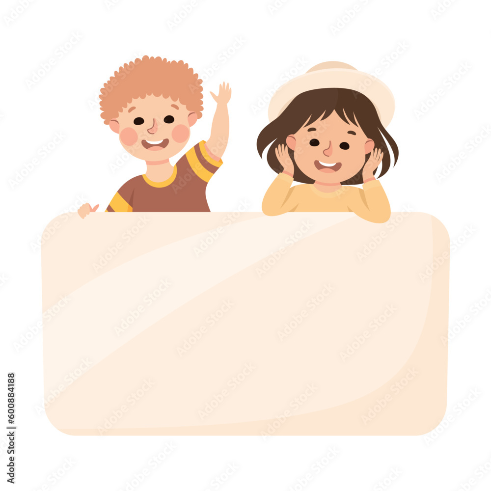 Happy boy and girl standing behind white empty banner, board, placard cartoon vector illustration Happy boy and girl standing behind white empty banner, board, placard cartoon vector illustration