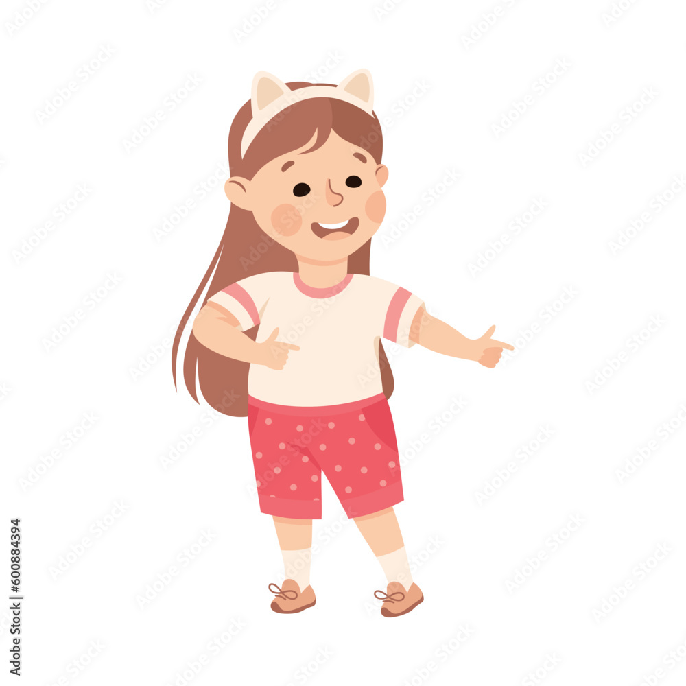 Happy adorable little girl pointing with her hand or doing welcoming gesture vector illustration Happy adorable little girl pointing with her hand or doing welcoming gesture vector illustration