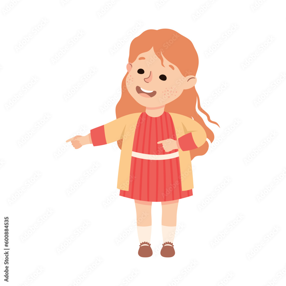 Happy adorable little girl in casual outfit doing welcoming gesture vector illustration Happy adorable little girl in casual outfit doing welcoming gesture vector illustration