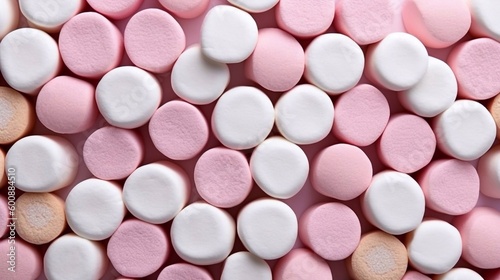 Pink ans white marshmallows seamless background, top view. AI generated