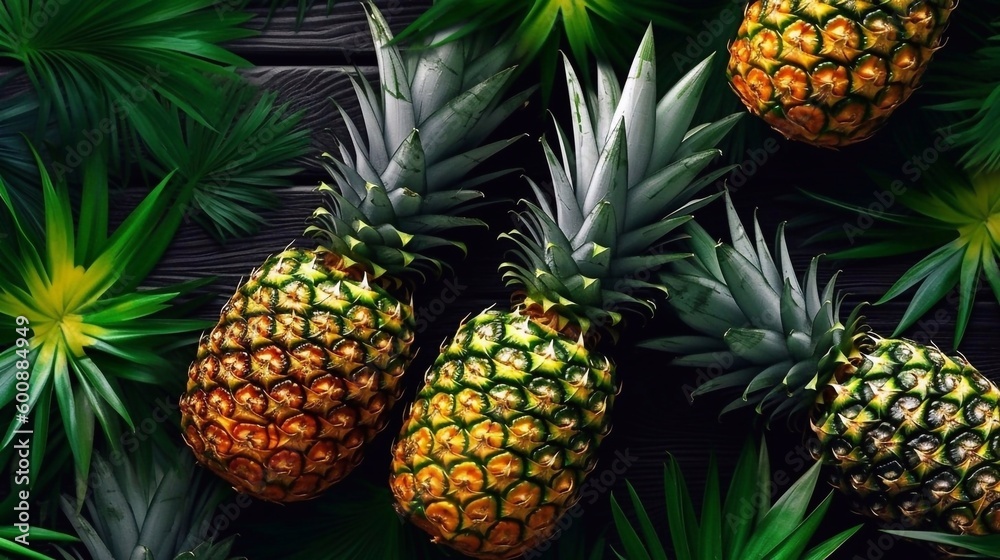 Fresh pineapple on dark background.Top view. AI generated Fresh pineapple on dark background.Top view. AI generated