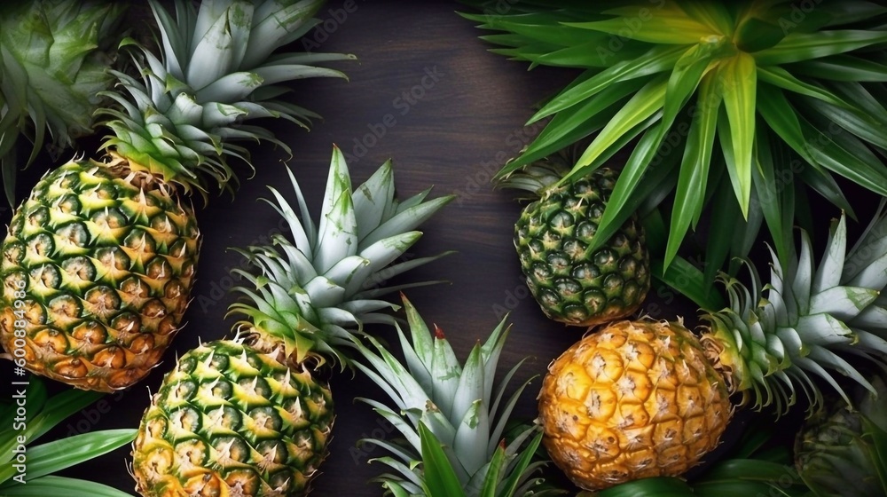 Fototapeta Fresh pineapple on dark wooden background.Top view. Free copy space. AI generated