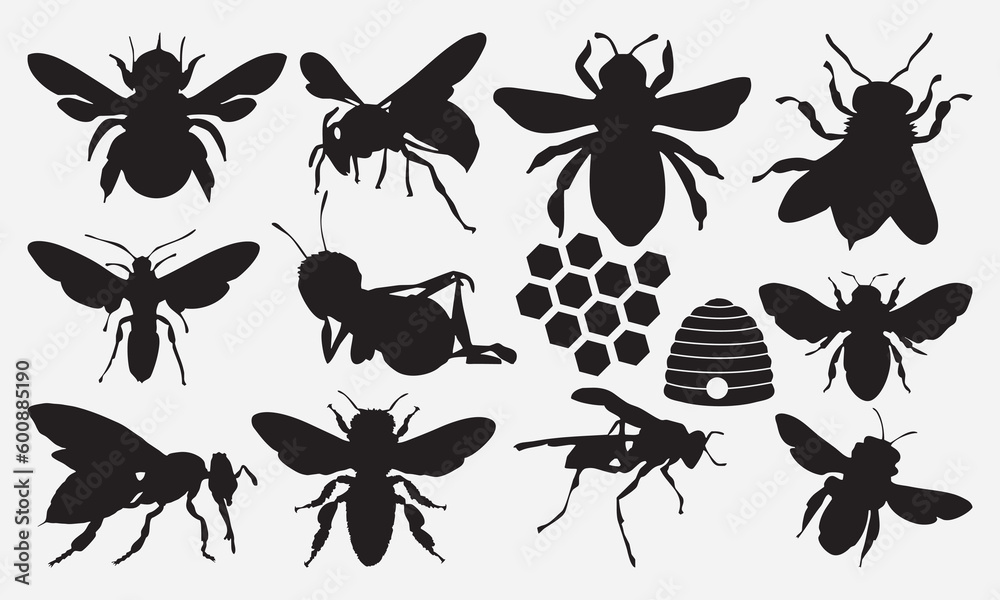 Bee black shape vector illustration set isolated on white background. Detailed decorative beekeeping logotype design elements. - obrazy, fototapety, plakaty 