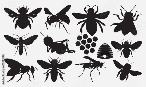 Bee black shape vector illustration set isolated on white background. Detailed decorative beekeeping logotype design elements.