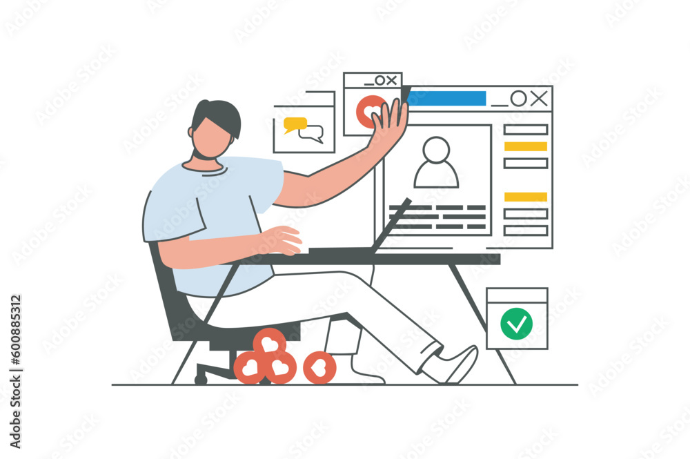 Social network outline web concept with character scene. Man browsing, likes photos in blog, comments. People situation in flat line design. Vector illustration for social media marketing material. Social network outline web concept with character scene. Man browsing, likes photos in blog, comments. People situation in flat line design. Vector illustration for social media marketing material.