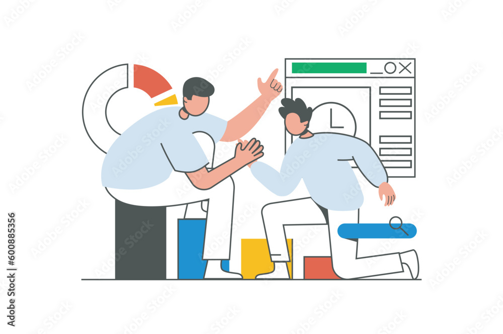 Teamwork outline web concept with character scene. Men collaborating and cooperating at work project. People situation in flat line design. Vector illustration for social media marketing material.