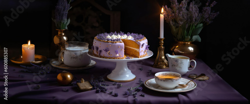 romantic candle light setup with lavender cake, tea & coffee with dark background - Generative AI