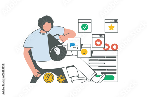 Social media marketing outline web concept with character scene. Man promoting online, make ad campaign. People situation in flat line design. Vector illustration for social media marketing material.