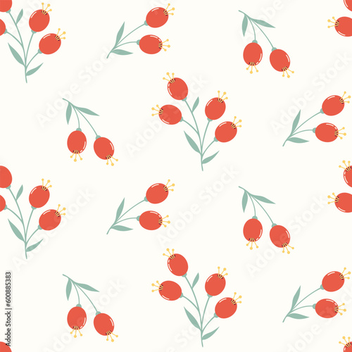 Seamless pattern of wild rosehip berries, branches and leaves. Hand drawn design for celebration prints, scrapbooking, nursery decor, home decor, paper crafts, invitation design, textile