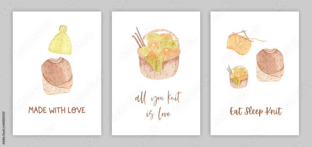 Watercolor knitting hobby template illustrations - set of isolated hand drawn postcard, invitation, banner