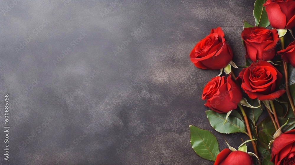 Bouquet of red roses flowers on background. Valentine's Day, Easter, Birthday, Happy Women's Day, Mother's Day. Top view, copy space. AI generated Bouquet of red roses flowers on background. Valentine's Day, Easter, Birthday, Happy Women's Day, Mother's Day. Top view, copy space. AI generated