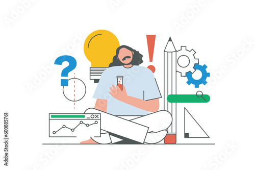 Science outline web concept with character scene. Man making tests, researching and experimenting in lab. People situation in flat line design. Vector illustration for social media marketing material.