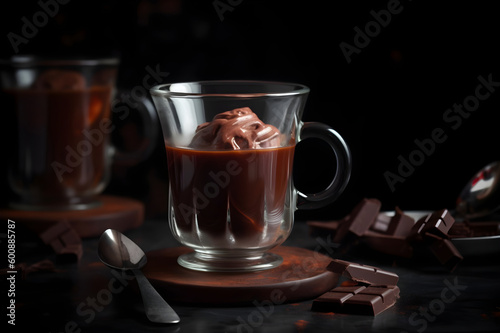 Generative Ai illustration. Hot chocolate in transparent mug and chocolate pieces on the background