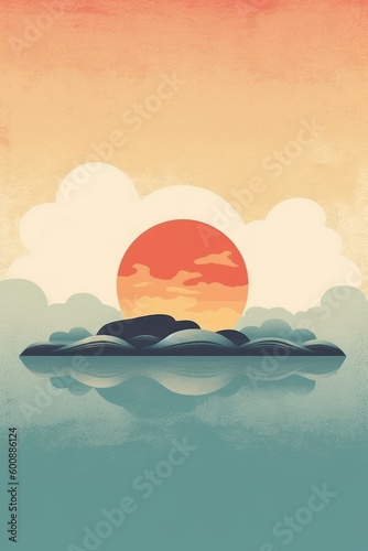 Island in the middle of the ocean, vector, retro aesthetic, illustration
