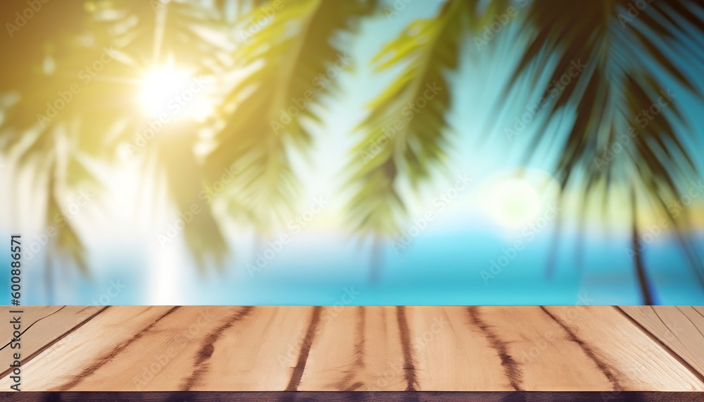 Empty wooden table for product display and background of a beach, copy space, Generative AI Empty wooden table for product display and background of a beach, copy space, Generative AI