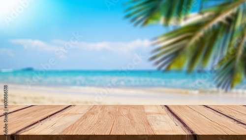 Empty wooden table for product display and background of a beach  copy space  Generative AI