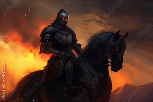 Black Knight in armor on a black horse against a burning sky filled with smoke. The legendary brave warrior. 3D Digital Illustration © Zakhariya