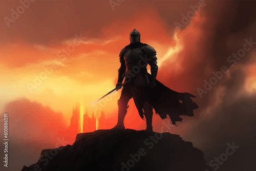 Medieval Black Knight in armor with sword against a burning sky filled with smoke. The legendary brave warrior. 3D Digital Illustration