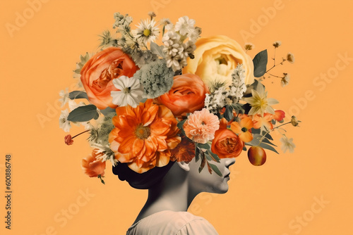 Collage flower bouquet on woman's head, generative ai © Ash