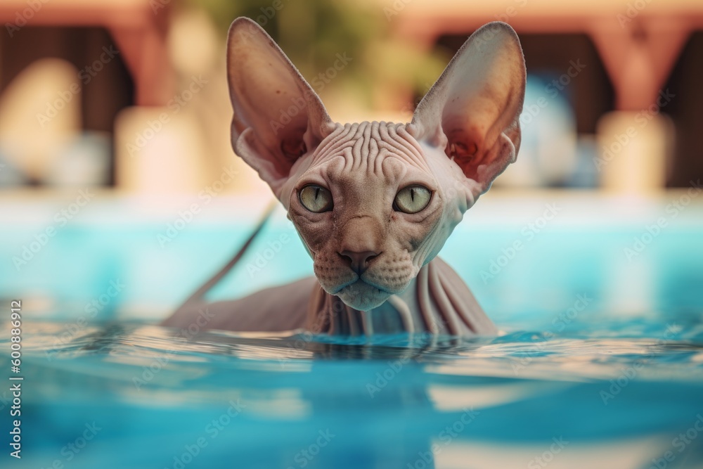 Group portrait photography of a curious sphynx cat climbing against a refreshing swimming pool. With generative AI technology