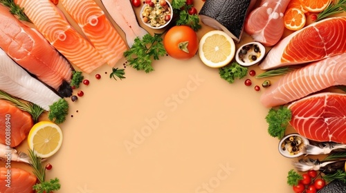 Shellfish seafood platter with fresh shrimp, mussels, oysters, fish, spices and citrus as a backdrop. Banner with copy space for text