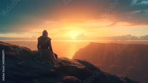 A lonely Jedi looks into the distance against the backdrop of a sunset, ocean, sunset, meditation