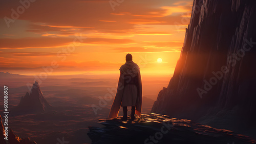 A lonely Jedi looks into the distance against the backdrop of a sunset, ocean, sunset, meditation,