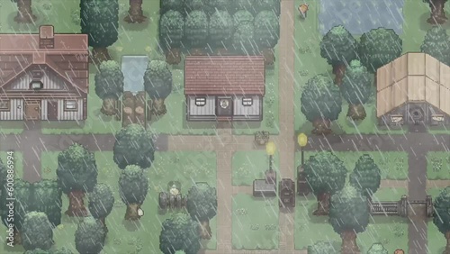 Pixelated Downpour: 32-bit Town in the Rain