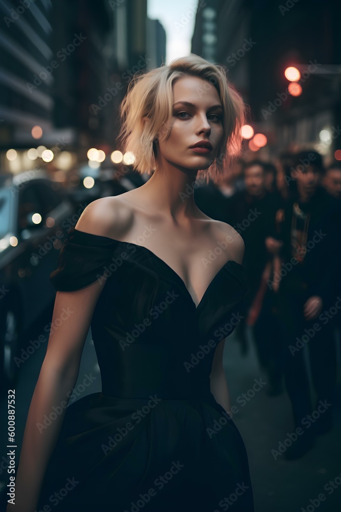 a young beautiful blonde girl wearing a black dress on a new york street. generative AI