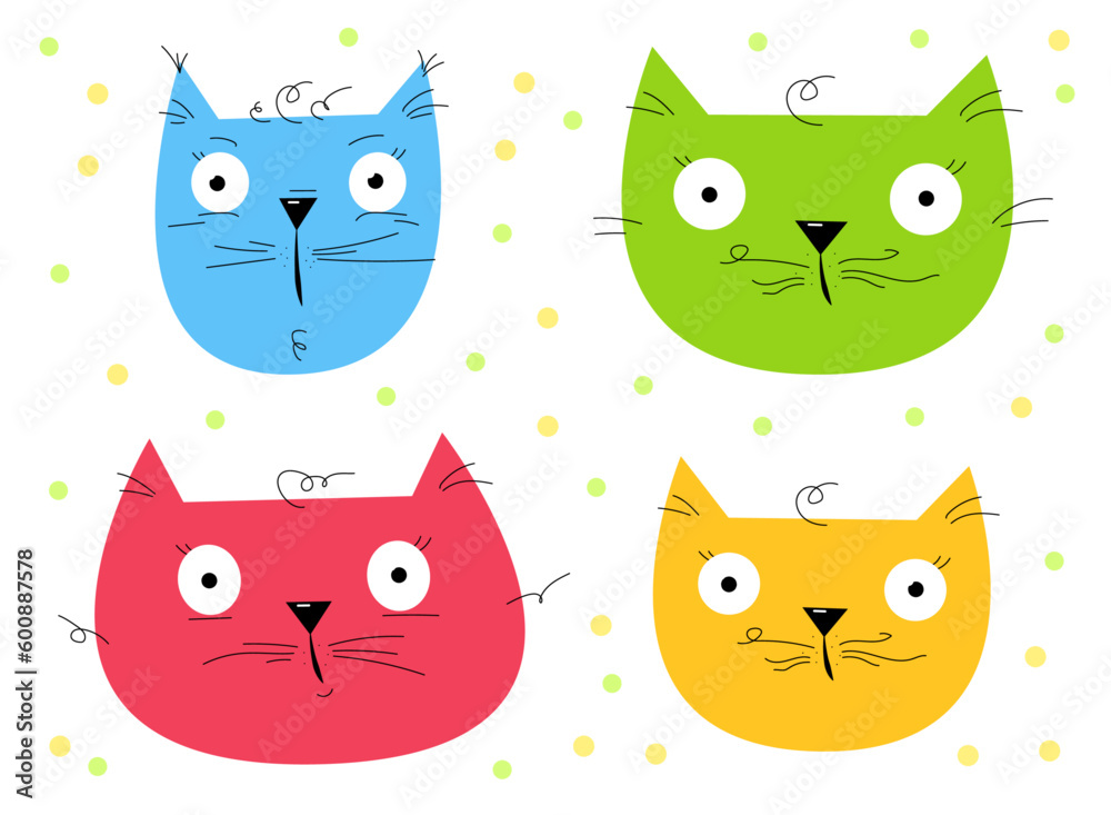 Vector set of cute cartoon cats, blue, yellow, pink and green cat
